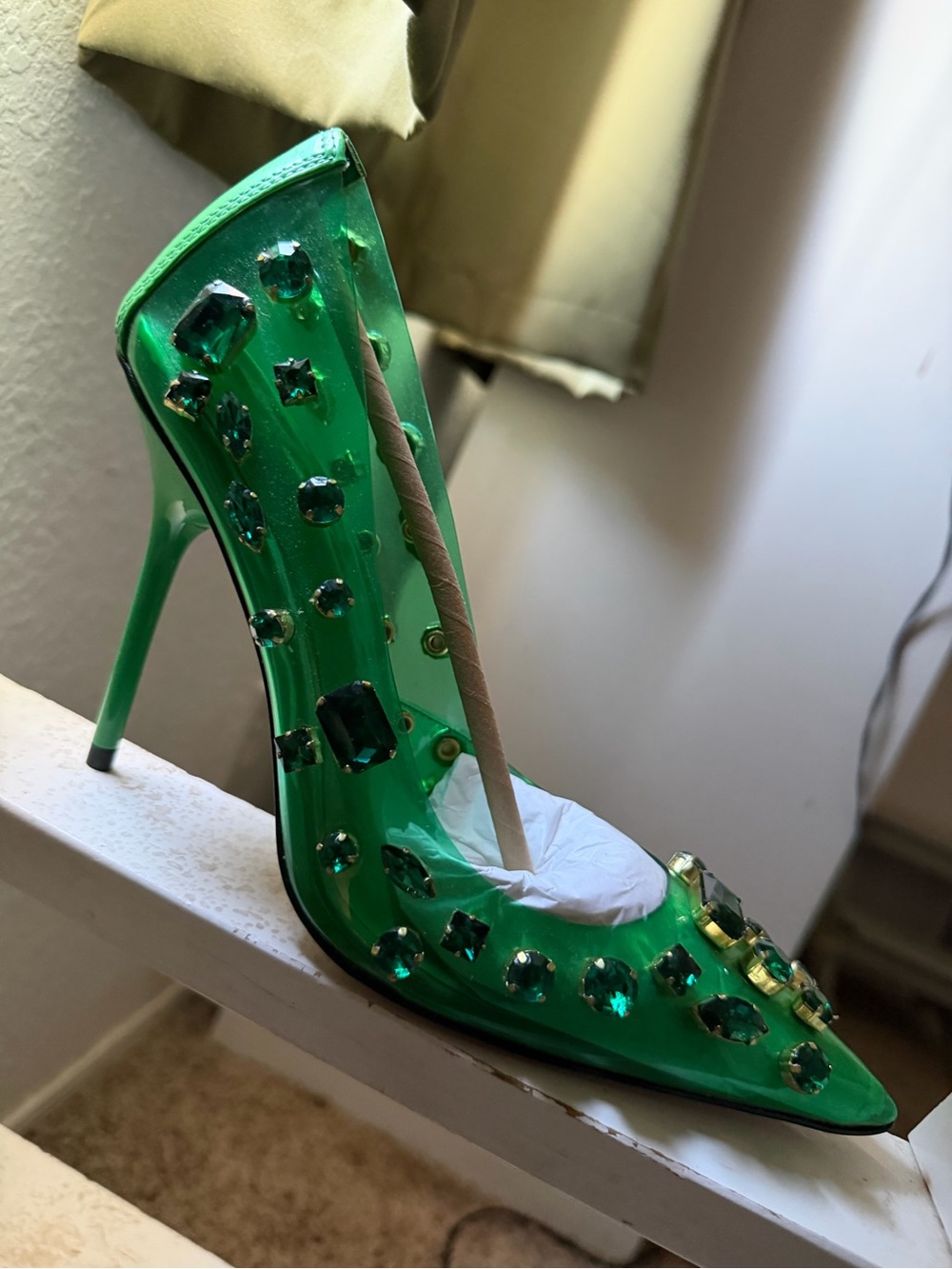 Good American Green Jeweled Pointed-Toe Stiletto Pump